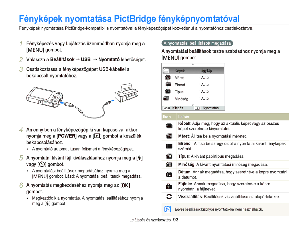 Samsung EC-PL120ZFPSE3 Fényképek nyomtatása PictBridge fényképnyomtatóval, Nyomtatás megkezdéséhez nyomja meg az o gombot 