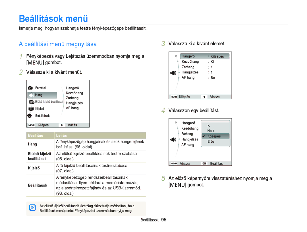 Samsung EC-PL120ZFPPE3, EC-PL120ZBPBE1 manual Beállítások menü, Beállítási menü megnyitása, Válassza ki a kívánt elemet 