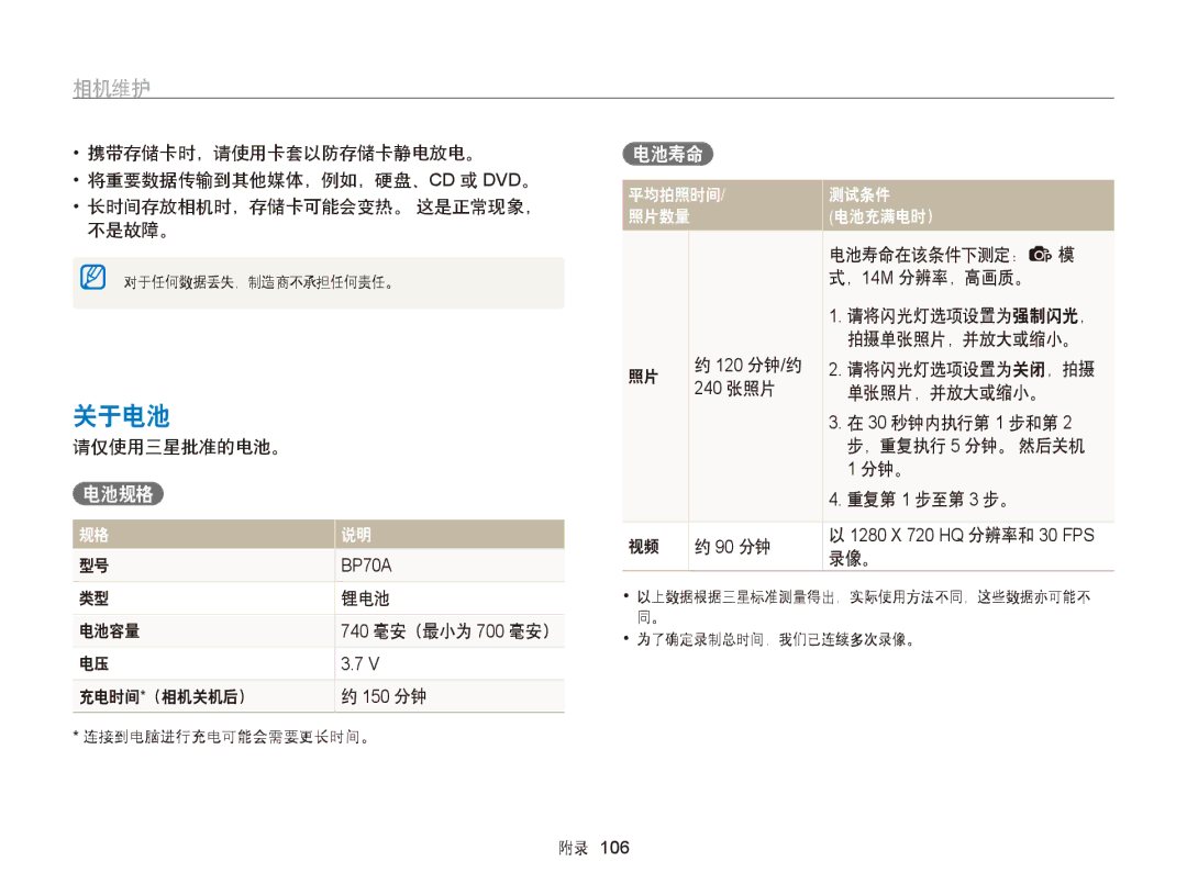 Samsung EC-PL20ZZBPPE2, EC-PL120ZBPBE1, EC-PL120ZBPPE1, EC-PL210ZBPBE1, EC-PL120ZBPSE1, EC-PL20ZZBPBE1 manual 关于电池, 电池规格, 电池寿命 