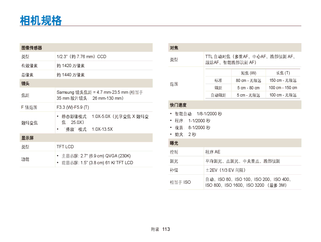 Samsung EC-PL210ZBPBE1, EC-PL120ZBPBE1, EC-PL120ZBPPE1, EC-PL120ZBPSE1, EC-PL20ZZBPBE1, EC-PL20ZZBPSE1 manual 相机规格, 显示屏 