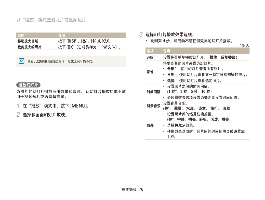 Samsung EC-PL120ZFPSE2, EC-PL120ZBPBE1, EC-PL120ZBPPE1, EC-PL210ZBPBE1 manual 在播放模式中，按下 m。 2 选择多画面幻灯片放映。 选择幻灯片播放效果选项。, 播放幻灯片 