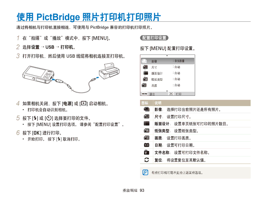 Samsung EC-PL120ZFPSE3, EC-PL120ZBPBE1 manual 使用 PictBridge 照片打印机打印照片, 按下 F 或 t 选择要打印的文件。, 按下 o 进行打印。, 按下 m 配置打印设置。 