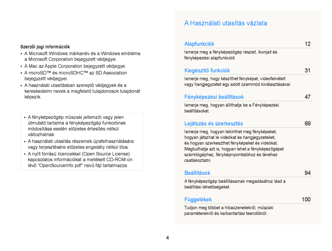 Samsung EC-PL20ZZBPSE1 manual A Használati utasítás vázlata, Szerzői jogi információk, Alapfunkciók, Kiegészítő funkciók 