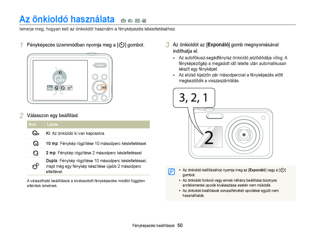 Samsung EC-PL20ZZBPPE2, EC-PL120ZBPBE1 manual Az önkioldó használata S p s, 1 Fényképezés üzemmódban nyomja meg a t gombot 