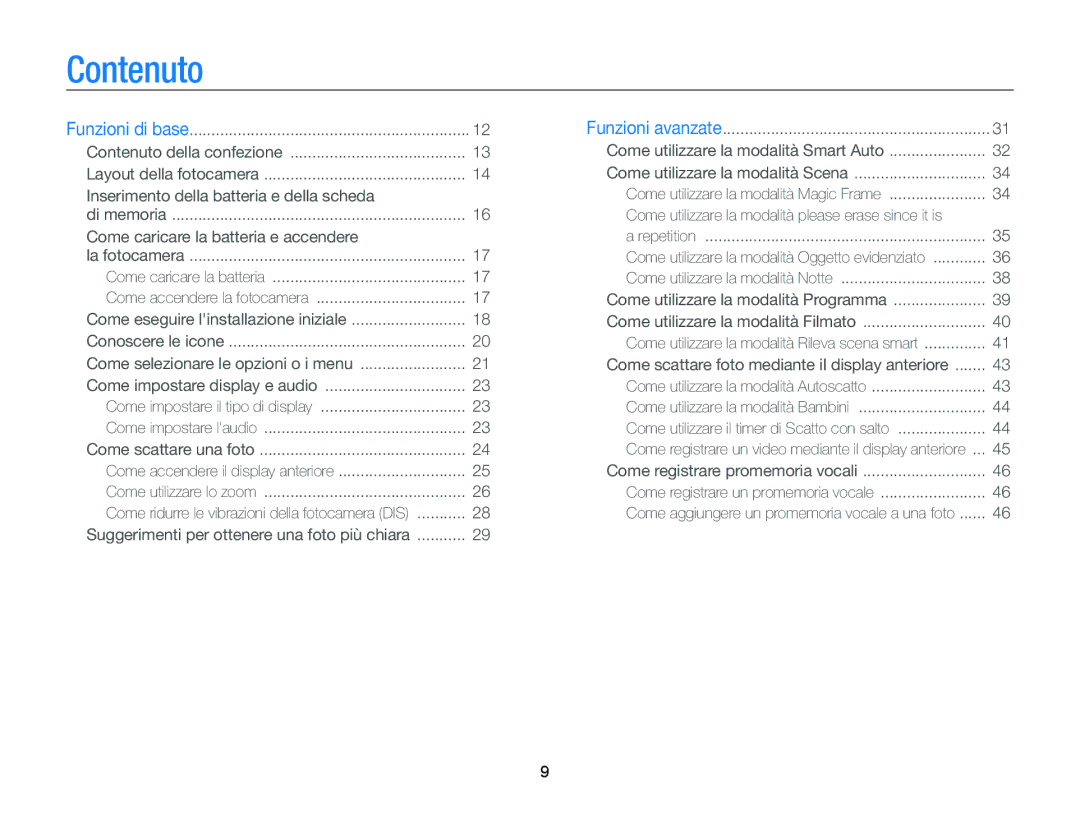 Samsung EC-PL120ZDPPME, EC-PL120ZBPBE1, EC-PL120ZFPPE1, EC-PL120ZFPBE1 manual Contenuto, Come caricare la batteria e accendere 