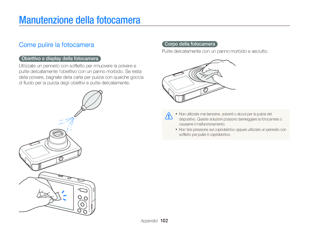 Samsung EC-PL20ZZBPSE1 Manutenzione della fotocamera, Come pulire la fotocamera, Obiettivo e display della fotocamera 