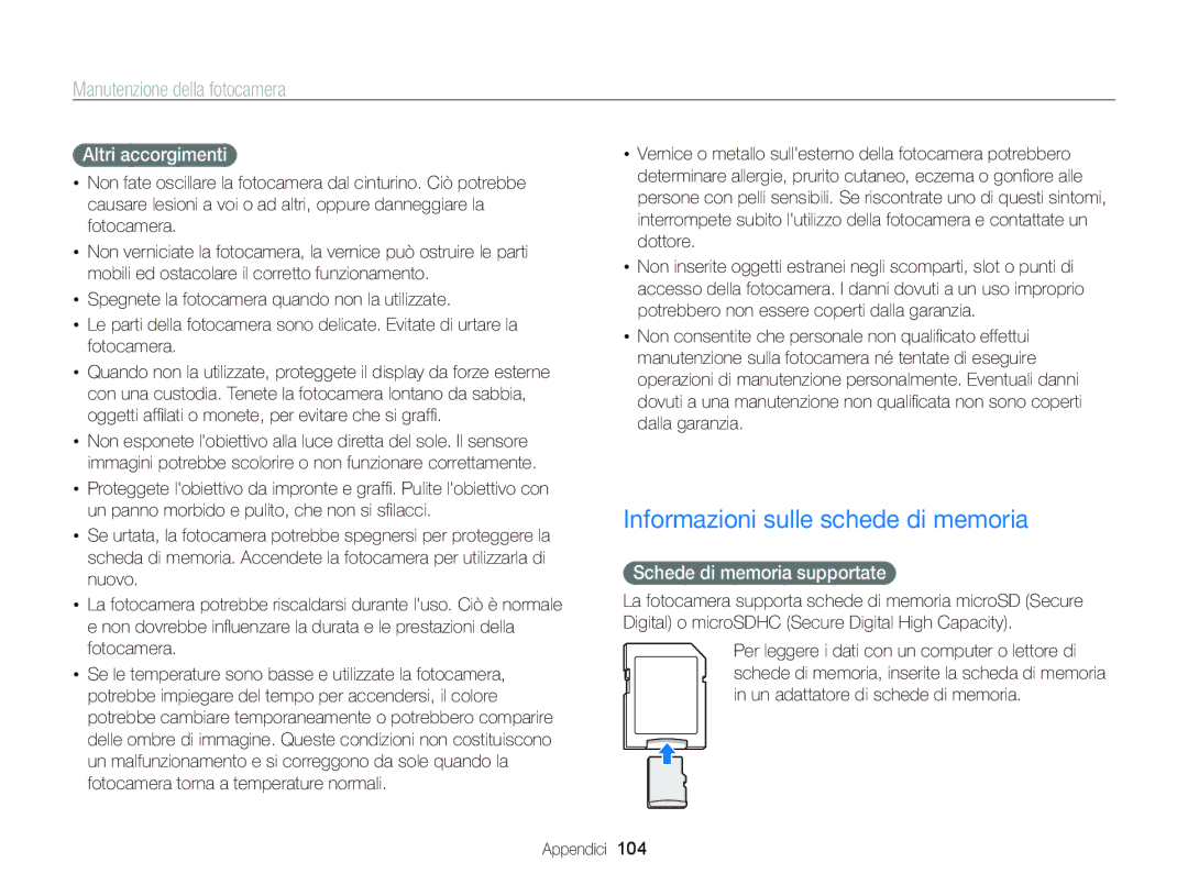 Samsung EC-PL210ZCPSCN manual Informazioni sulle schede di memoria, Altri accorgimenti, Schede di memoria supportate 