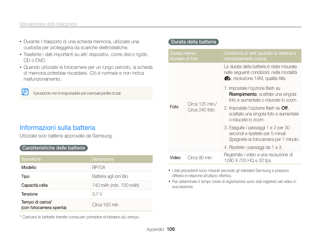 Samsung EC-PL120ZDPSME, EC-PL120ZBPBE1 Informazioni sulla batteria, Caratteristiche delle batterie, Durata della batteria 