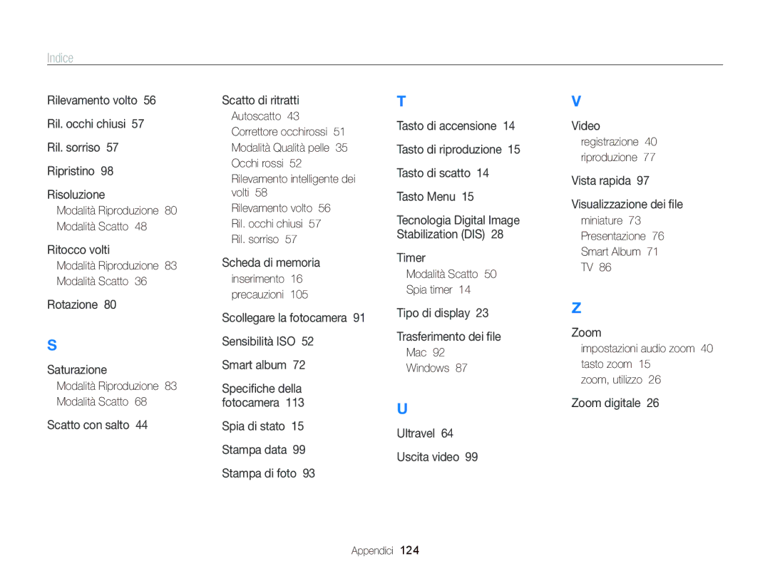 Samsung EC-PL120ZDPSME Modalità Riproduzione 80 Modalità Scatto, Inserimento 16 precauzioni, Modalità Scatto Spia timer 