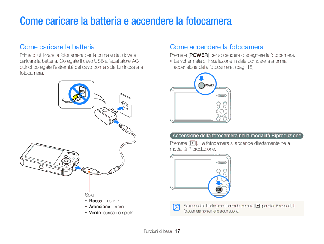 Samsung EC-PL120ZBPBE1, EC-PL120ZFPPE1 Come caricare la batteria e accendere la fotocamera, Come accendere la fotocamera 