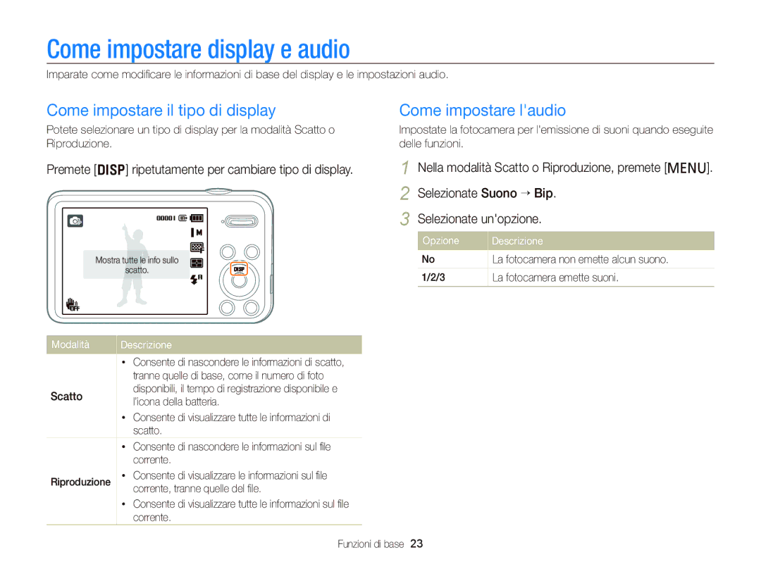 Samsung EC-PL20ZZBPBE1 manual Come impostare display e audio, Come impostare il tipo di display, Come impostare laudio 