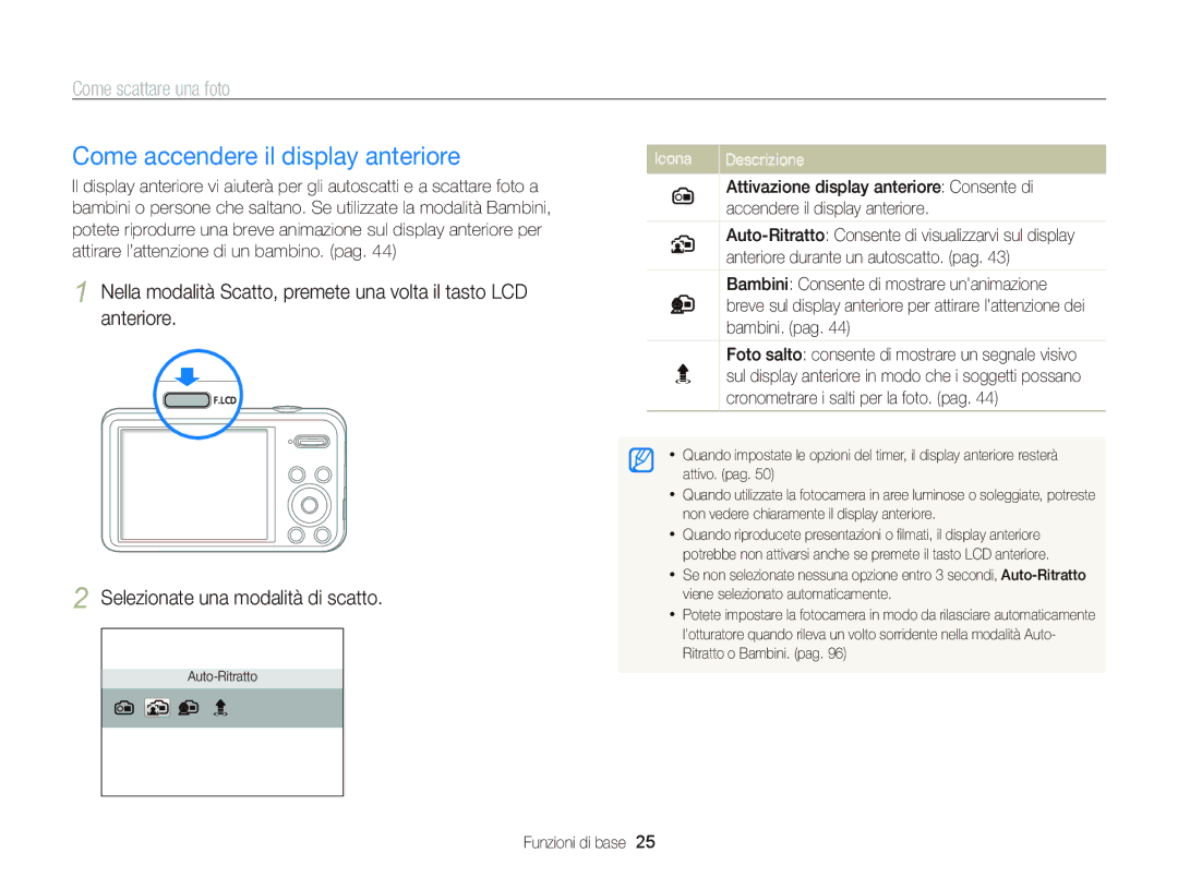 Samsung EC-PL210ZDPSME, EC-PL120ZBPBE1, EC-PL120ZFPPE1 manual Come accendere il display anteriore, Come scattare una foto 