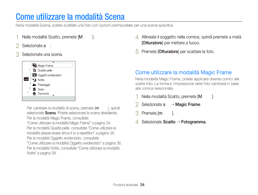 Samsung EC-PL120ZDPSME, EC-PL120ZBPBE1 manual Come utilizzare la modalità Scena, Come utilizzare la modalità Magic Frame 