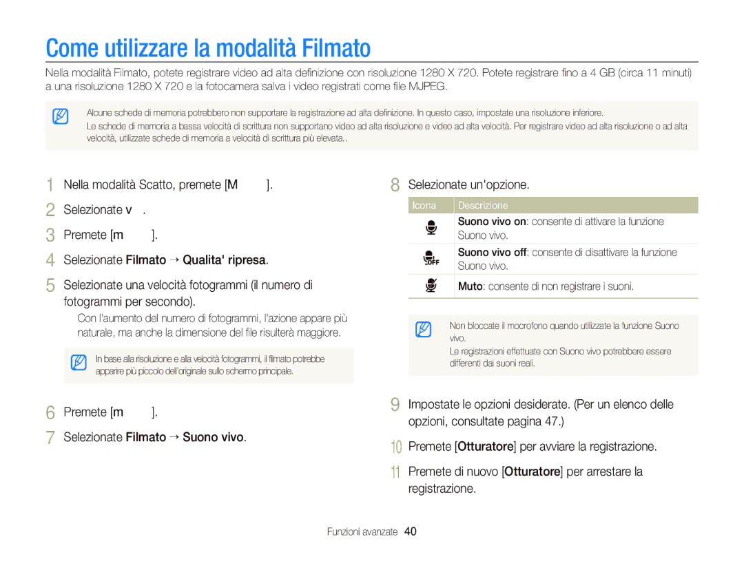 Samsung EC-PL120ZBPSE1, EC-PL120ZBPBE1, EC-PL120ZFPPE1, EC-PL120ZFPBE1 manual Come utilizzare la modalità Filmato, Icona 