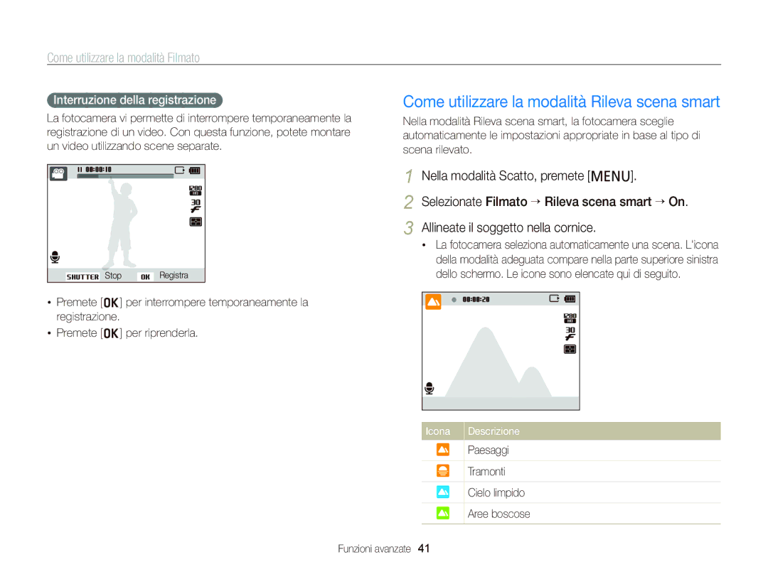 Samsung EC-PL20ZZBPBE1, EC-PL120ZBPBE1 Come utilizzare la modalità Rileva scena smart, Come utilizzare la modalità Filmato 