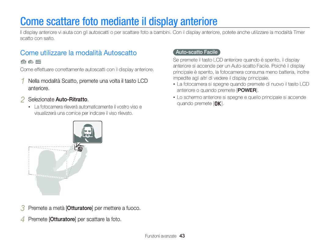 Samsung EC-PL210ZDPSME manual Come scattare foto mediante il display anteriore, Come utilizzare la modalità Autoscatto 