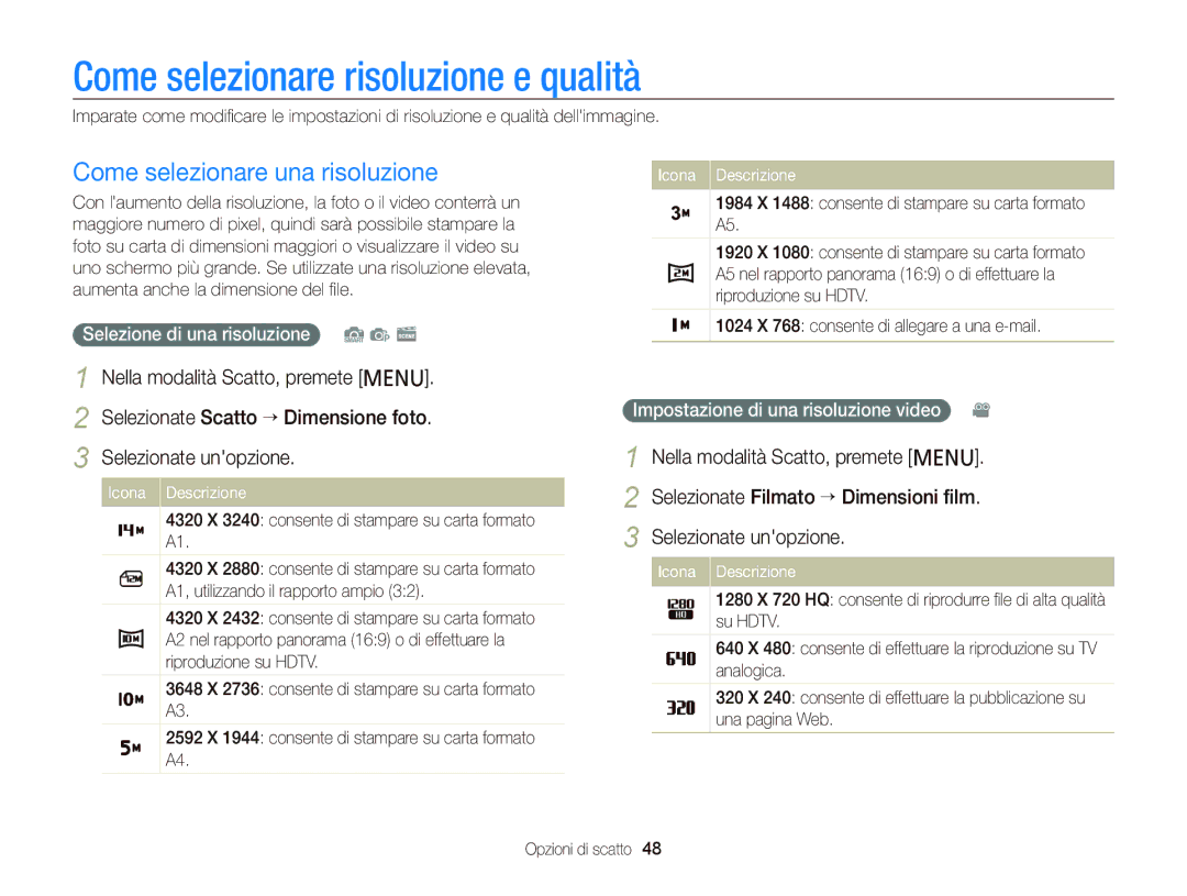 Samsung EC-PL20ZZBPSE1, EC-PL120ZBPBE1 manual Come selezionare risoluzione e qualità, Come selezionare una risoluzione 