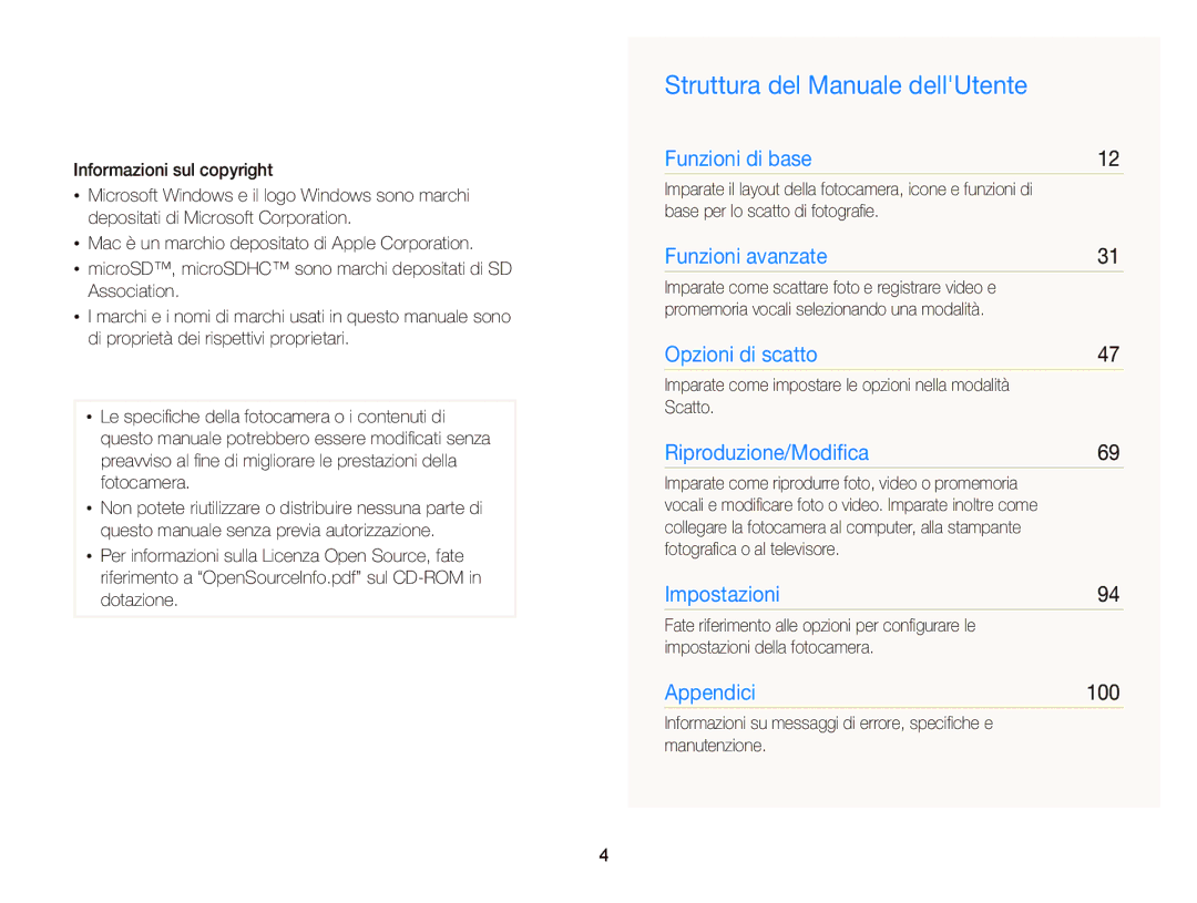 Samsung EC-PL120ZBPSE1, EC-PL120ZBPBE1 manual Struttura del Manuale dellUtente, 100, Base per lo scatto di fotograﬁe, Scatto 