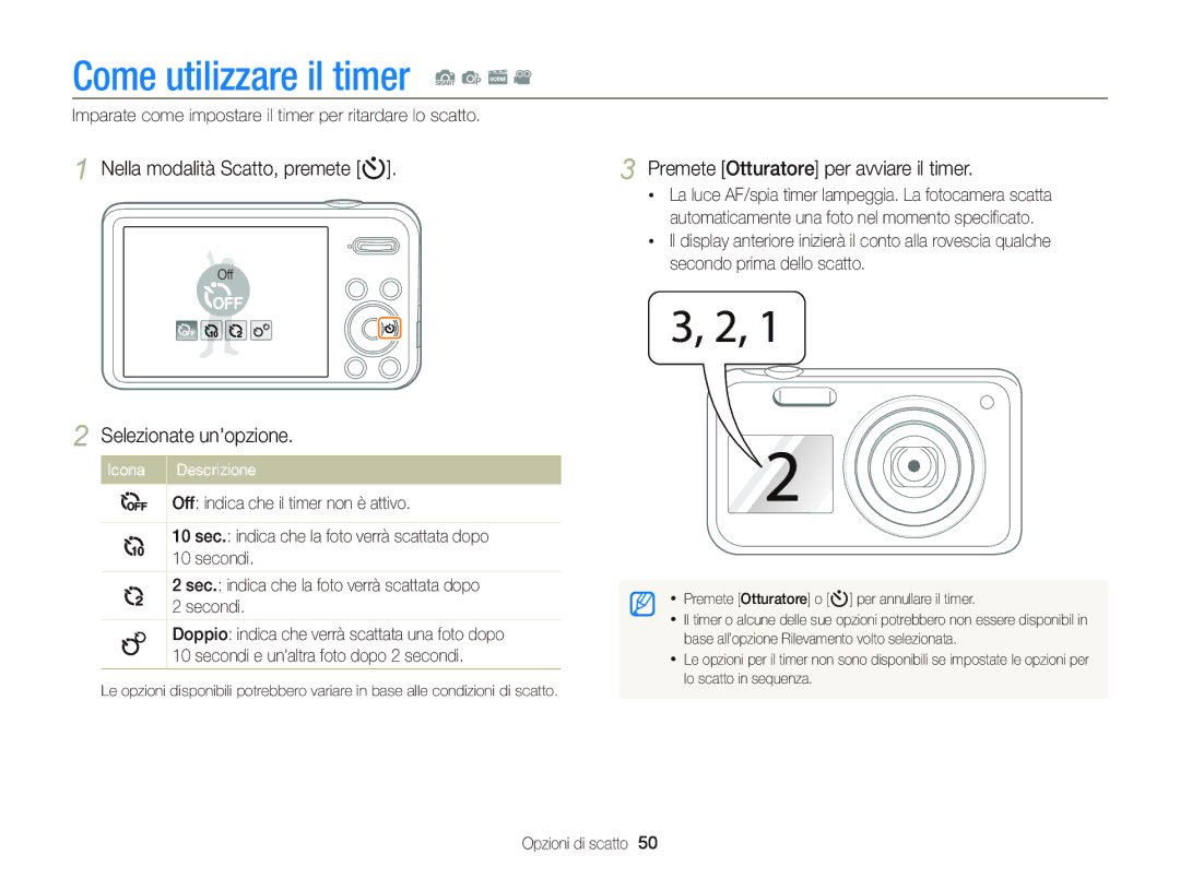 Samsung EC-PL210ZCPSCN, EC-PL120ZBPBE1, EC-PL120ZFPPE1 Come utilizzare il timer S p s, Nella modalità Scatto, premete t 