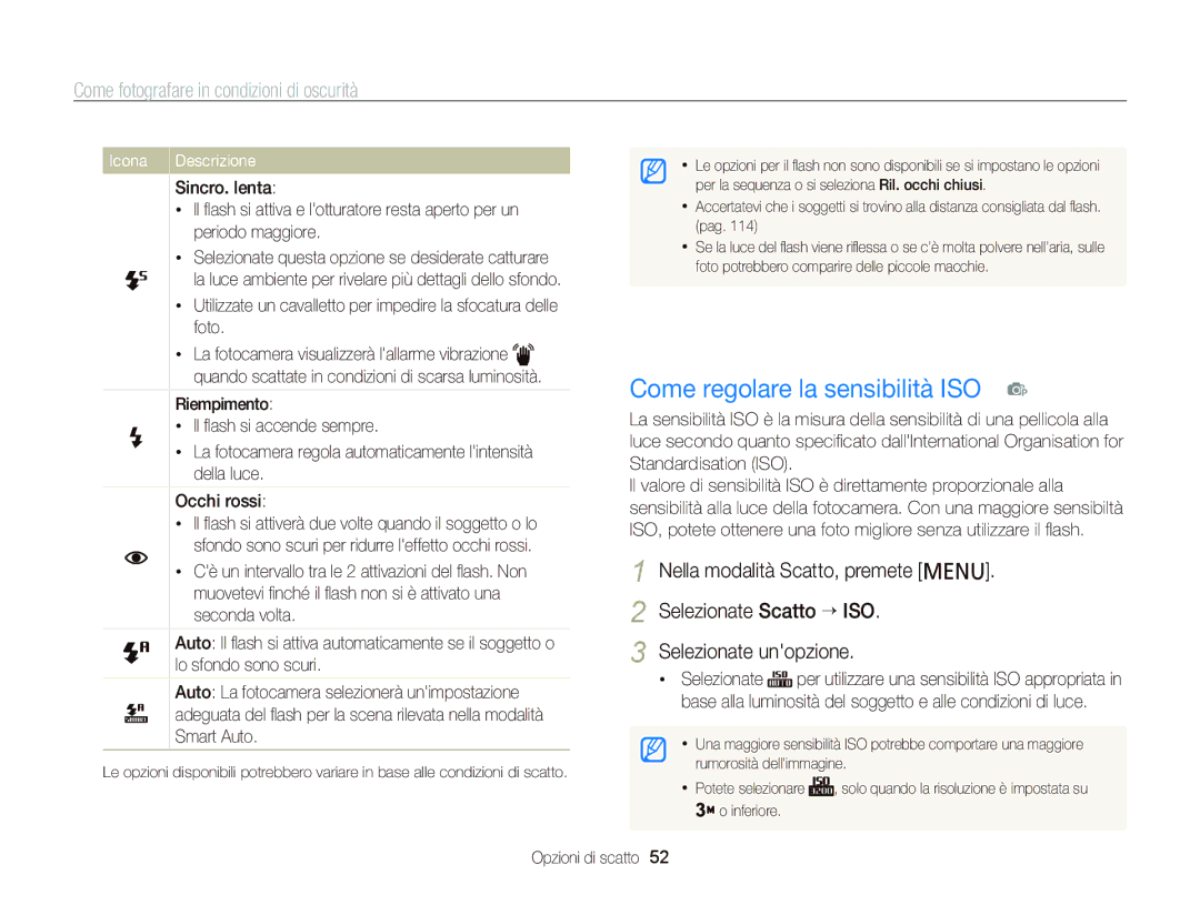 Samsung EC-PL120ZDPSME, EC-PL120ZBPBE1 manual Come regolare la sensibilità ISO p, Come fotografare in condizioni di oscurità 