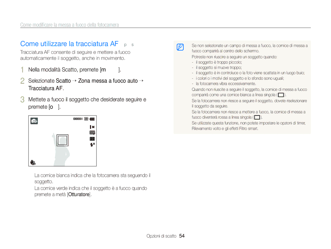 Samsung EC-PL120ZFPPE1 manual Come utilizzare la tracciatura AF p s, Come modiﬁcare la messa a fuoco della fotocamera 