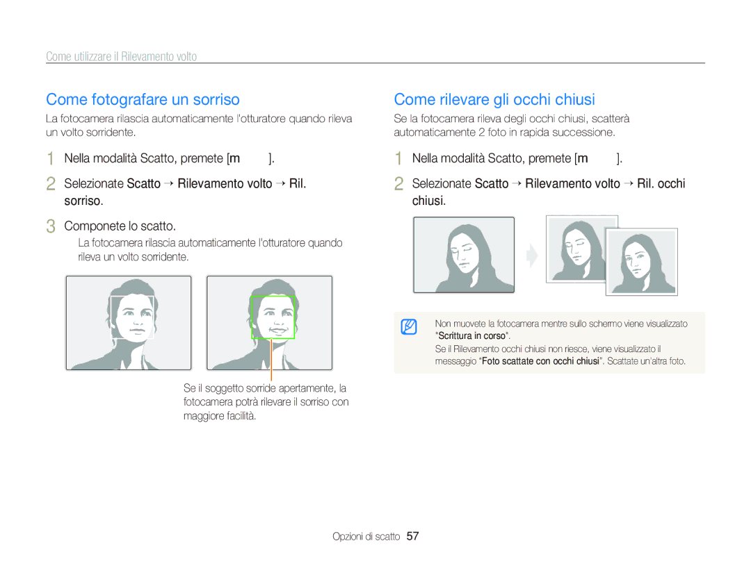 Samsung EC-PL210ZBPBE1 Come fotografare un sorriso, Come rilevare gli occhi chiusi, Come utilizzare il Rilevamento volto 
