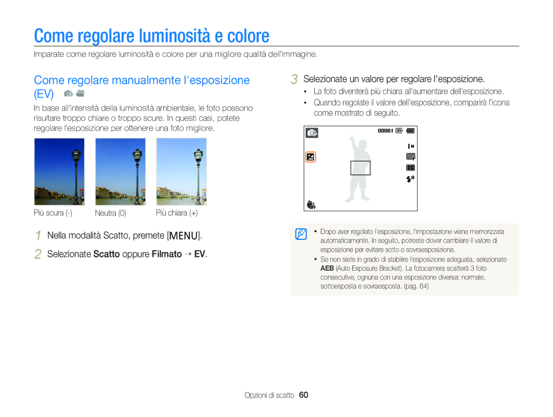 Samsung EC-PL120ZFPSE1 Come regolare luminosità e colore, Come regolare manualmente lesposizione EV p, Più scura Neutra 