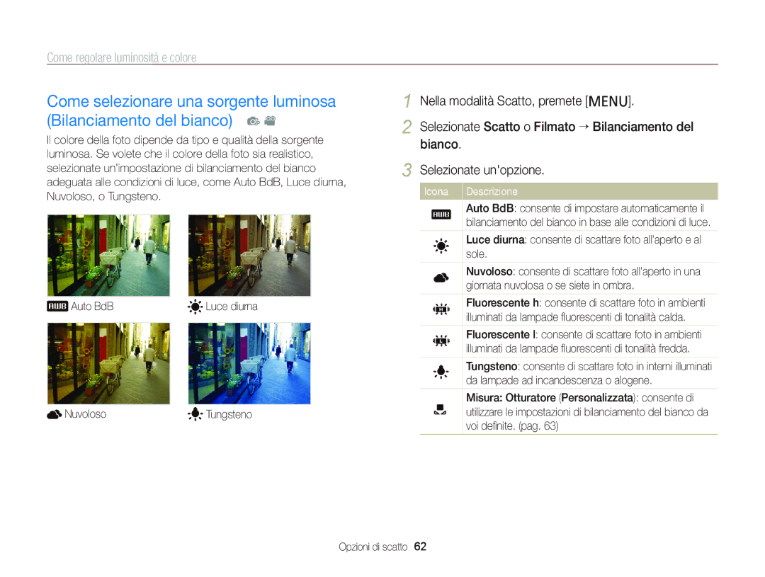 Samsung EC-PL20ZZBPPE1, EC-PL120ZBPBE1 Sole, Giornata nuvolosa o se siete in ombra, Da lampade ad incandescenza o alogene 