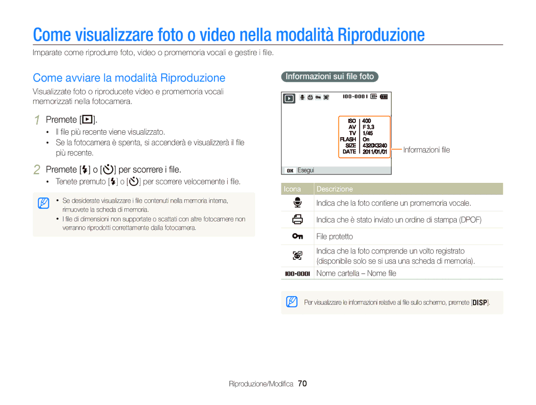 Samsung EC-PL120ZDPSME Come visualizzare foto o video nella modalità Riproduzione, Come avviare la modalità Riproduzione 