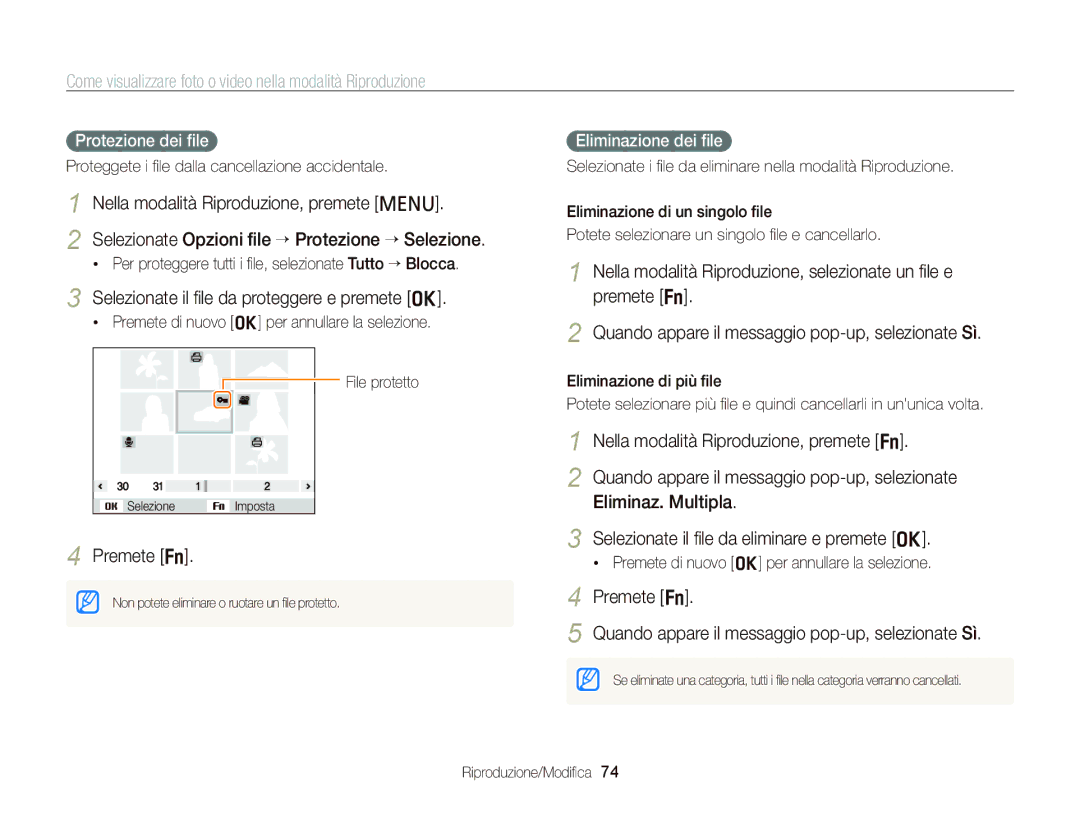 Samsung EC-PL120ZBPPE1 manual Selezionate il ﬁle da proteggere e premete o, Protezione dei ﬁle, Eliminazione dei ﬁle 