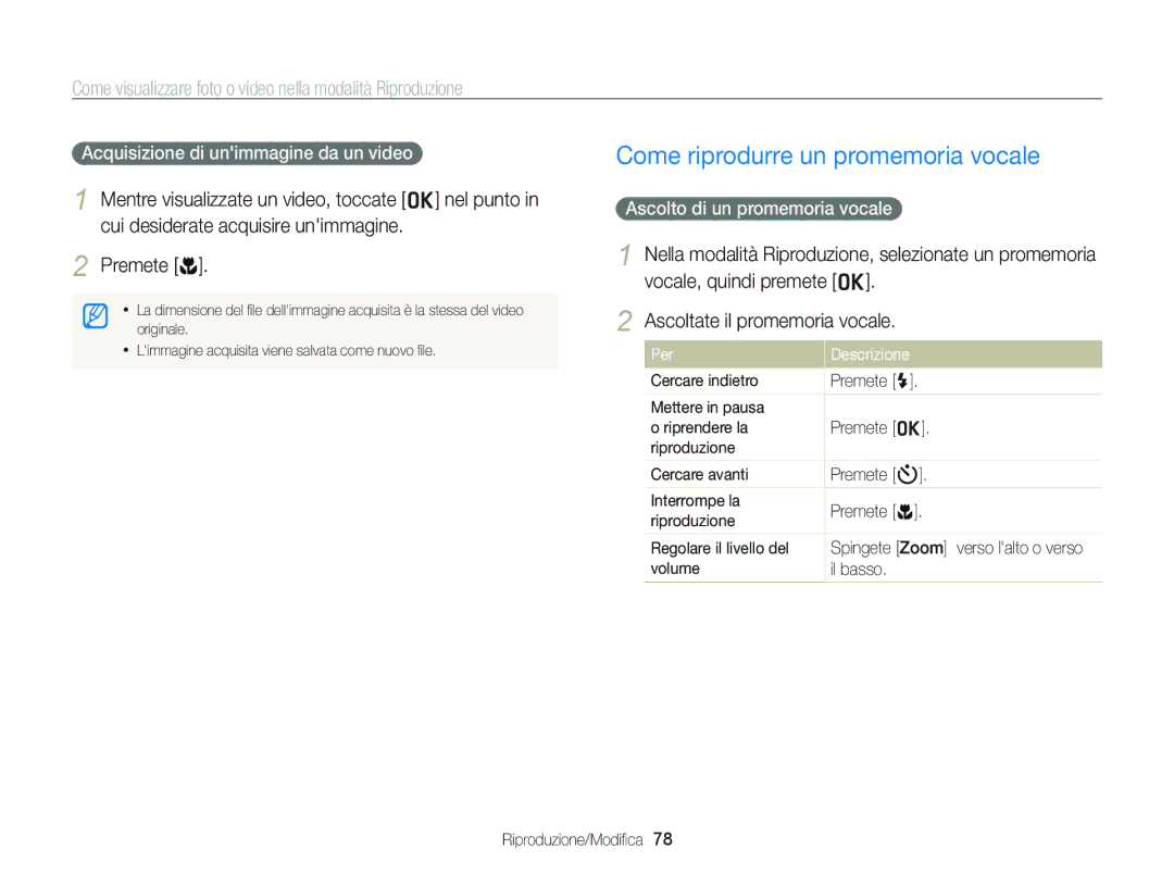 Samsung EC-PL120ZFPSE1 manual Come riprodurre un promemoria vocale, Premete c, Acquisizione di unimmagine da un video 