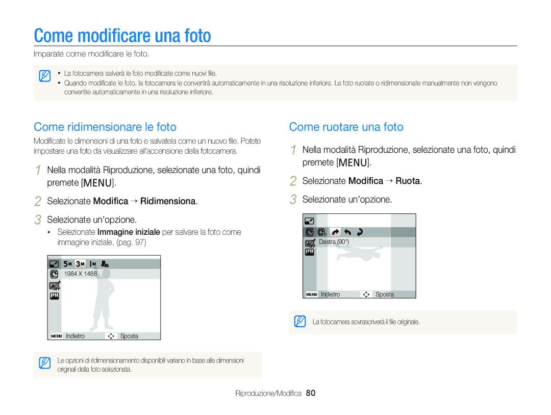 Samsung EC-PL20ZZBPPE1, EC-PL120ZBPBE1 manual Come modiﬁcare una foto, Come ridimensionare le foto, Come ruotare una foto 