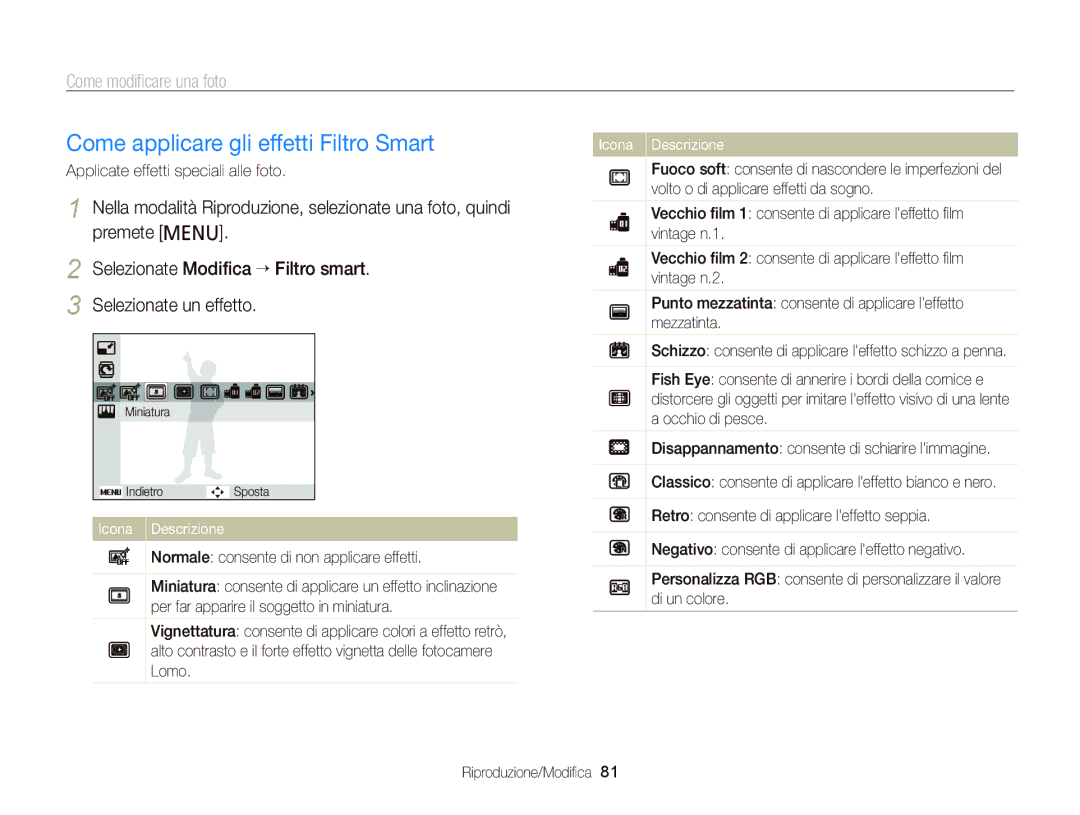 Samsung EC-PL120ZDPPME, EC-PL120ZBPBE1, EC-PL120ZFPPE1 Come applicare gli effetti Filtro Smart, Come modiﬁcare una foto 