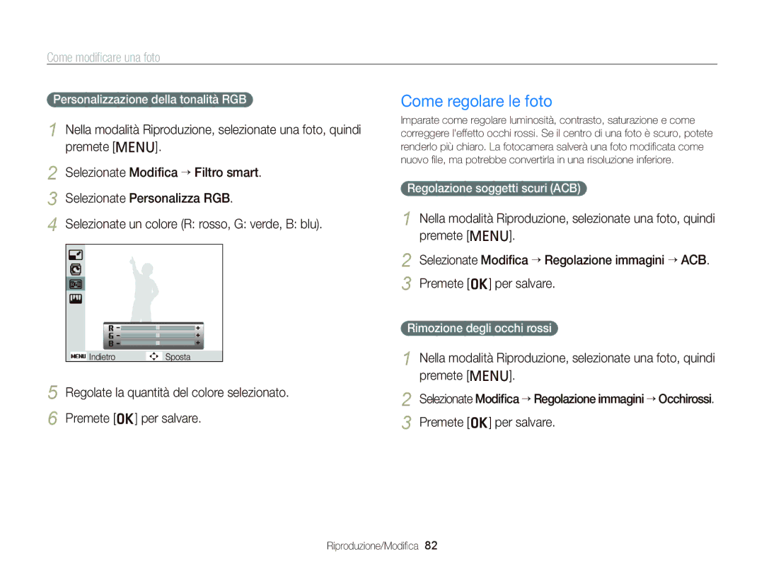 Samsung EC-PL120ZDPLME manual Come regolare le foto, Personalizzazione della tonalità RGB, Regolazione soggetti scuri ACB 