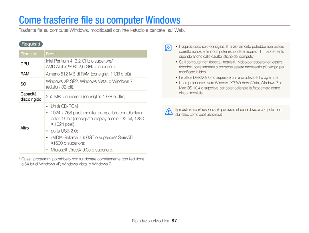 Samsung EC-PL210ZBPSE1, EC-PL120ZBPBE1, EC-PL120ZFPPE1 manual Come trasferire ﬁle su computer Windows, Elemento Requisiti 