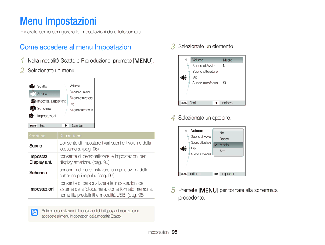 Samsung EC-PL20ZZBPBE1, EC-PL120ZBPBE1, EC-PL120ZFPPE1, EC-PL120ZFPBE1 Menu Impostazioni, Come accedere al menu Impostazioni 