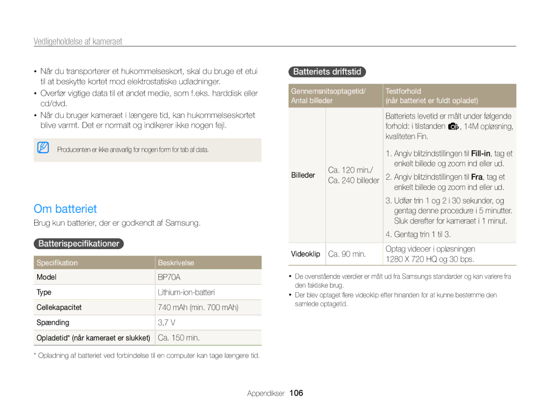 Samsung EC-PL120ZBPLE2, EC-PL120ZBPSE2 Om batteriet, Batterispeciﬁkationer, Batteriets driftstid, Speciﬁkation Beskrivelse 
