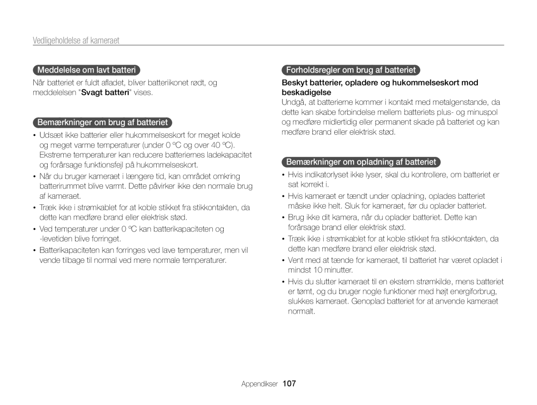 Samsung EC-PL120ZFPSE2 Meddelelse om lavt batteri, Bemærkninger om brug af batteriet, Forholdsregler om brug af batteriet 