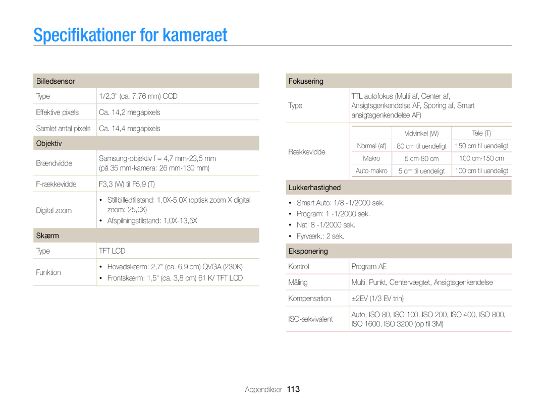 Samsung EC-PL120ZFPBE2, EC-PL120ZBPSE2, EC-PL20ZZBPSE2, EC-PL210ZBPPE2, EC-PL120ZBPLE2 manual Speciﬁkationer for kameraet 