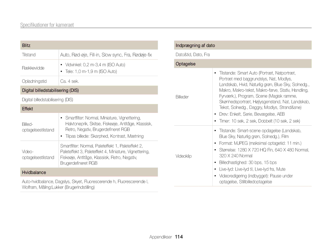 Samsung EC-PL120ZBPBE2, EC-PL120ZBPSE2, EC-PL20ZZBPSE2, EC-PL210ZBPPE2, EC-PL120ZBPLE2 manual Speciﬁkationer for kameraet 