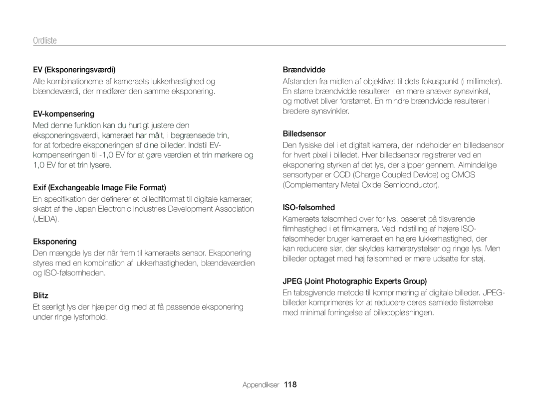 Samsung EC-PL210ZBPPE2, EC-PL120ZBPSE2, EC-PL20ZZBPSE2, EC-PL120ZBPLE2, EC-PL120ZFPSE2 manual Ordliste, EV Eksponeringsværdi 