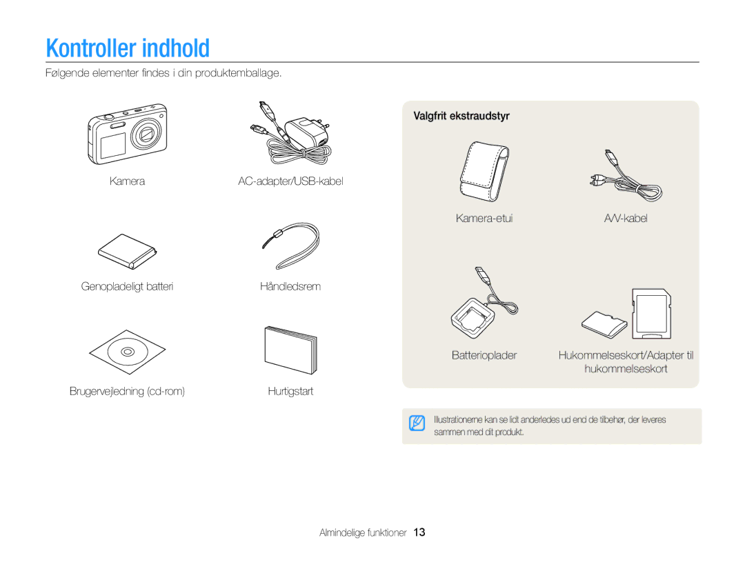 Samsung EC-PL20ZZBPSE2, EC-PL120ZBPSE2 Kontroller indhold, Batterioplader, Brugervejledning cd-rom, Almindelige funktioner 