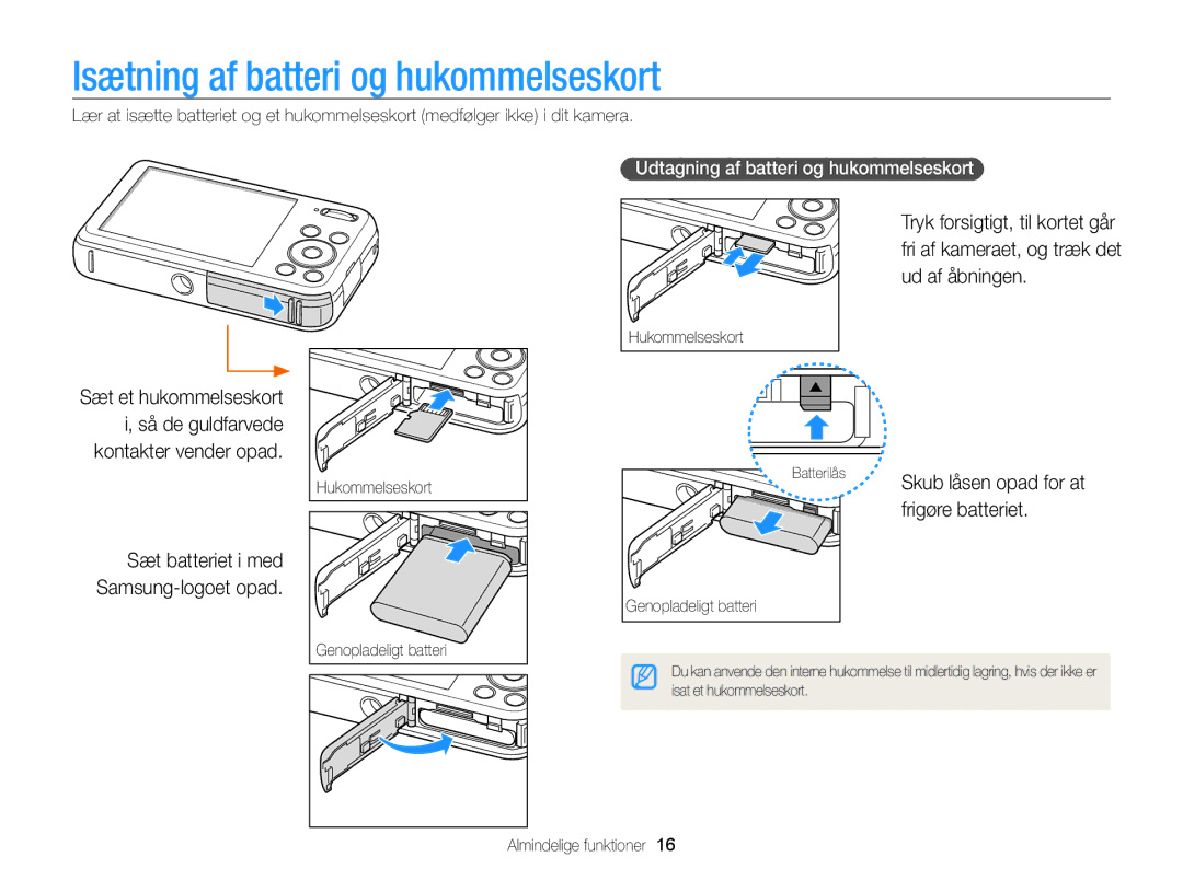 Samsung EC-PL120ZFPSE2, EC-PL120ZBPSE2 Isætning af batteri og hukommelseskort, Skub låsen opad for at frigøre batteriet 