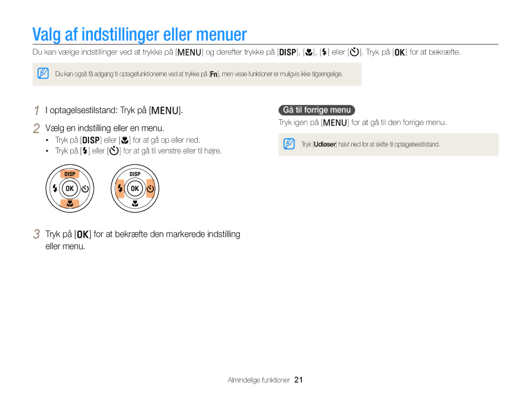 Samsung EC-PL120ZBPPE2, EC-PL120ZBPSE2, EC-PL20ZZBPSE2 manual Valg af indstillinger eller menuer, Gå til forrige menu 