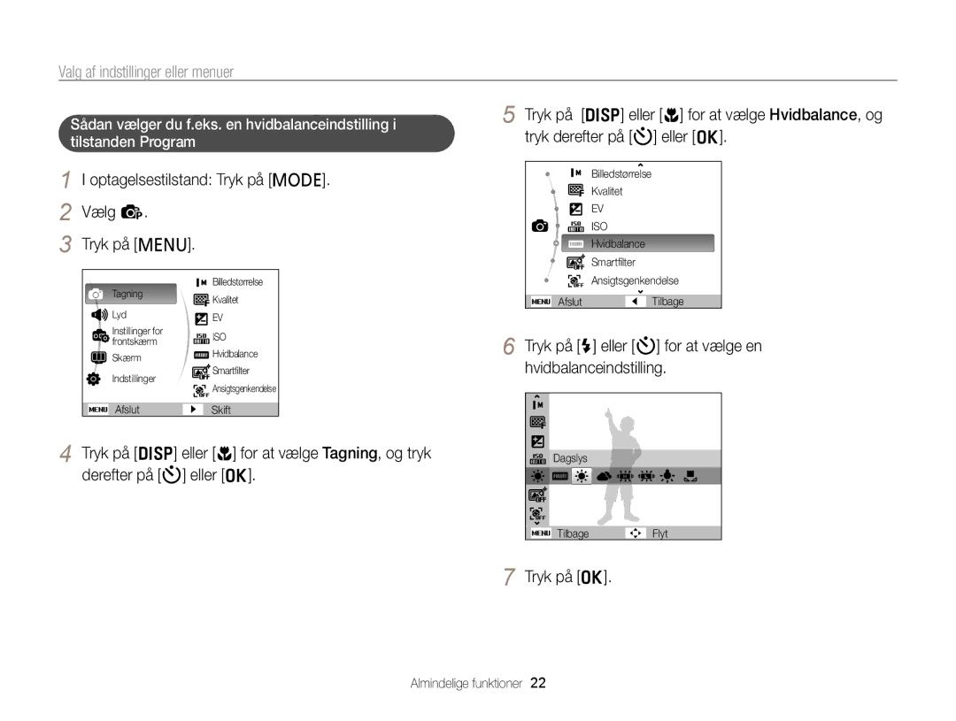 Samsung EC-PL120ZFPBE2 manual Valg af indstillinger eller menuer, Optagelsestilstand Tryk på M Vælg p Tryk på m, Tryk på o 