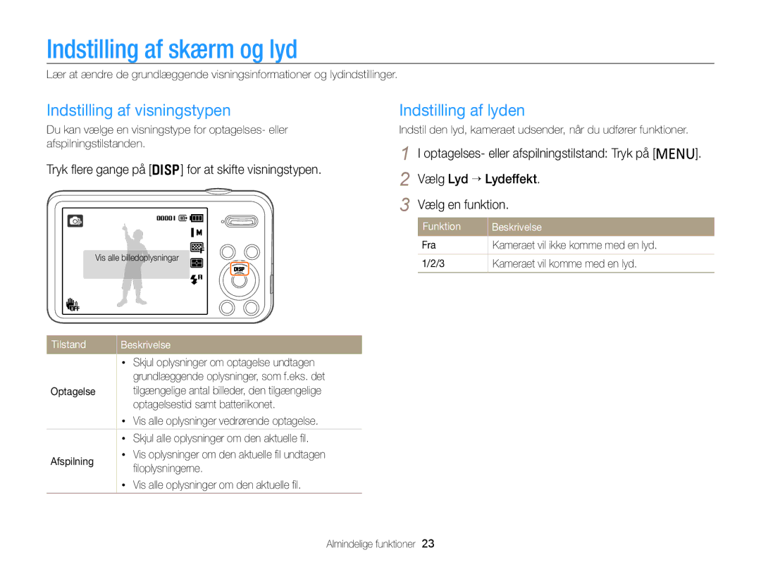 Samsung EC-PL120ZBPBE2, EC-PL120ZBPSE2 Indstilling af skærm og lyd, Indstilling af visningstypen, Indstilling af lyden 