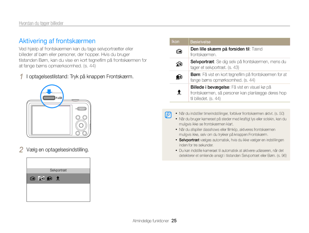 Samsung EC-PL120ZBPSE2, EC-PL20ZZBPSE2, EC-PL210ZBPPE2, EC-PL120ZBPLE2 Aktivering af frontskærmen, Hvordan du tager billeder 