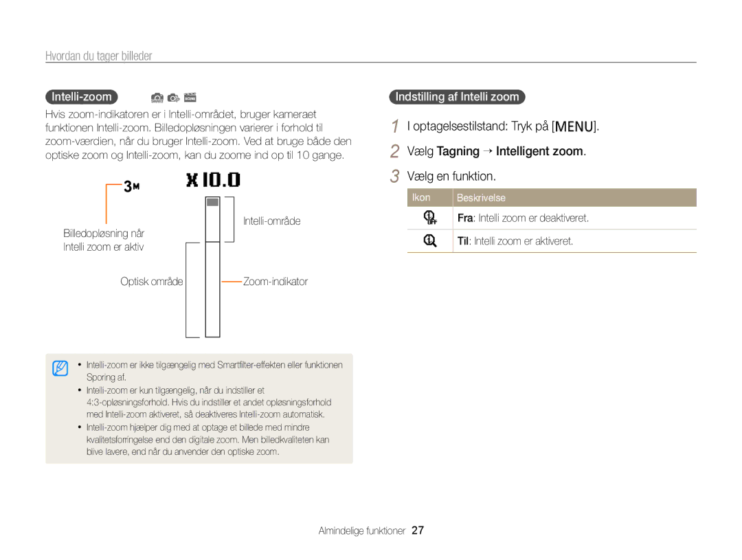 Samsung EC-PL210ZBPPE2, EC-PL120ZBPSE2, EC-PL20ZZBPSE2 manual Intelli-zoom S p s, Indstilling af Intelli zoom, Intelli-område 