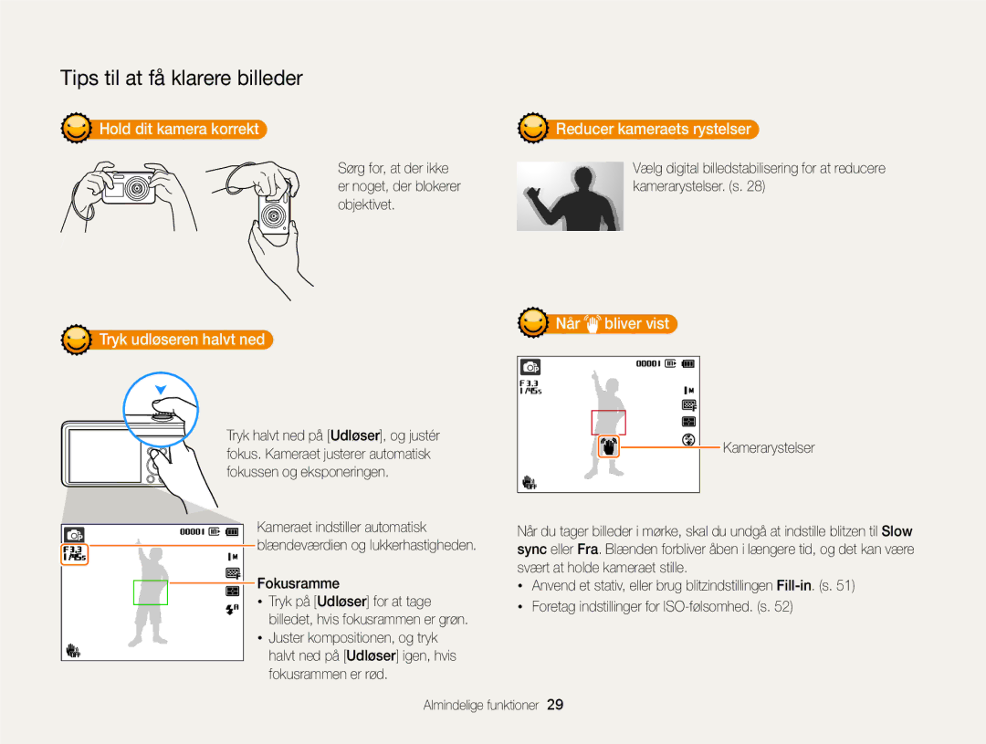 Samsung EC-PL120ZFPSE2 Hold dit kamera korrekt, Når bliver vist Tryk udløseren halvt ned, Reducer kameraets rystelser 