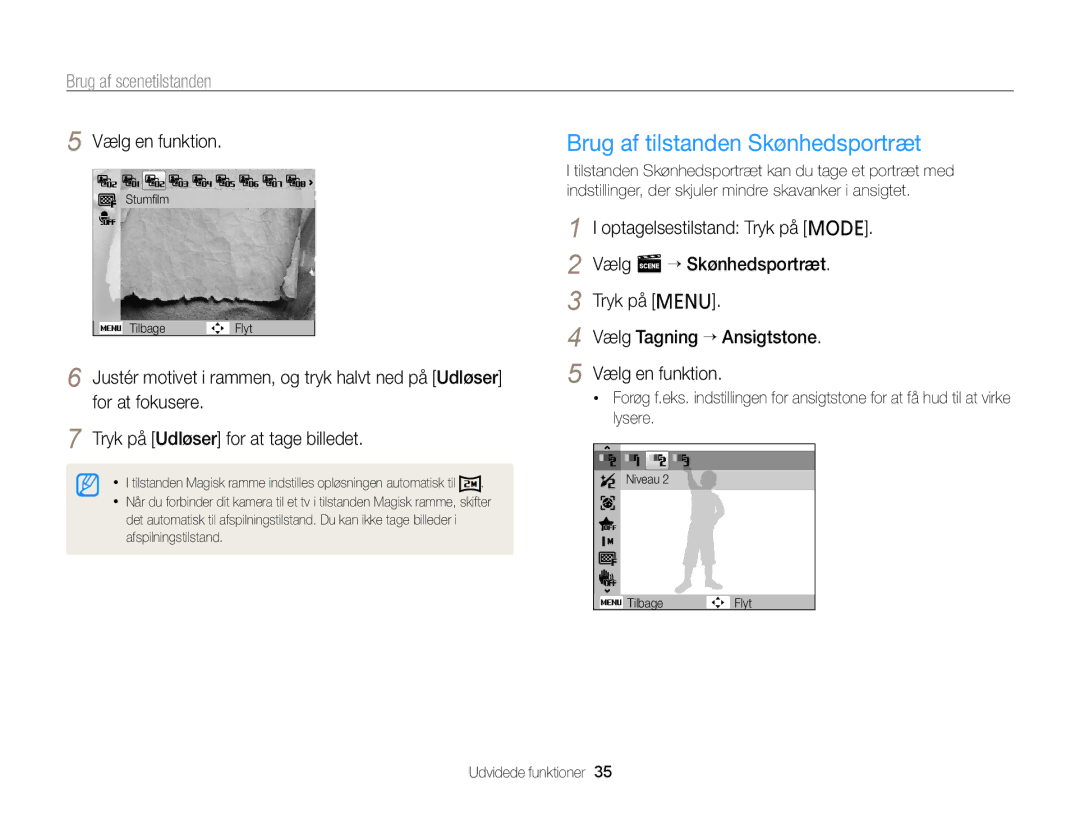 Samsung EC-PL120ZFPBE2, EC-PL120ZBPSE2, EC-PL20ZZBPSE2 manual Brug af tilstanden Skønhedsportræt, Brug af scenetilstanden 